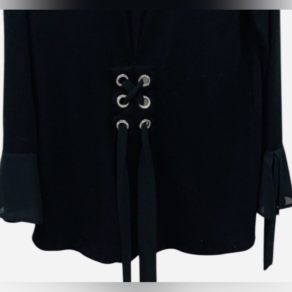 August Silk, Draped Open Front Black Flowing Cardigan Sheer Bell Cuffs. Large - Picture 10 of 12